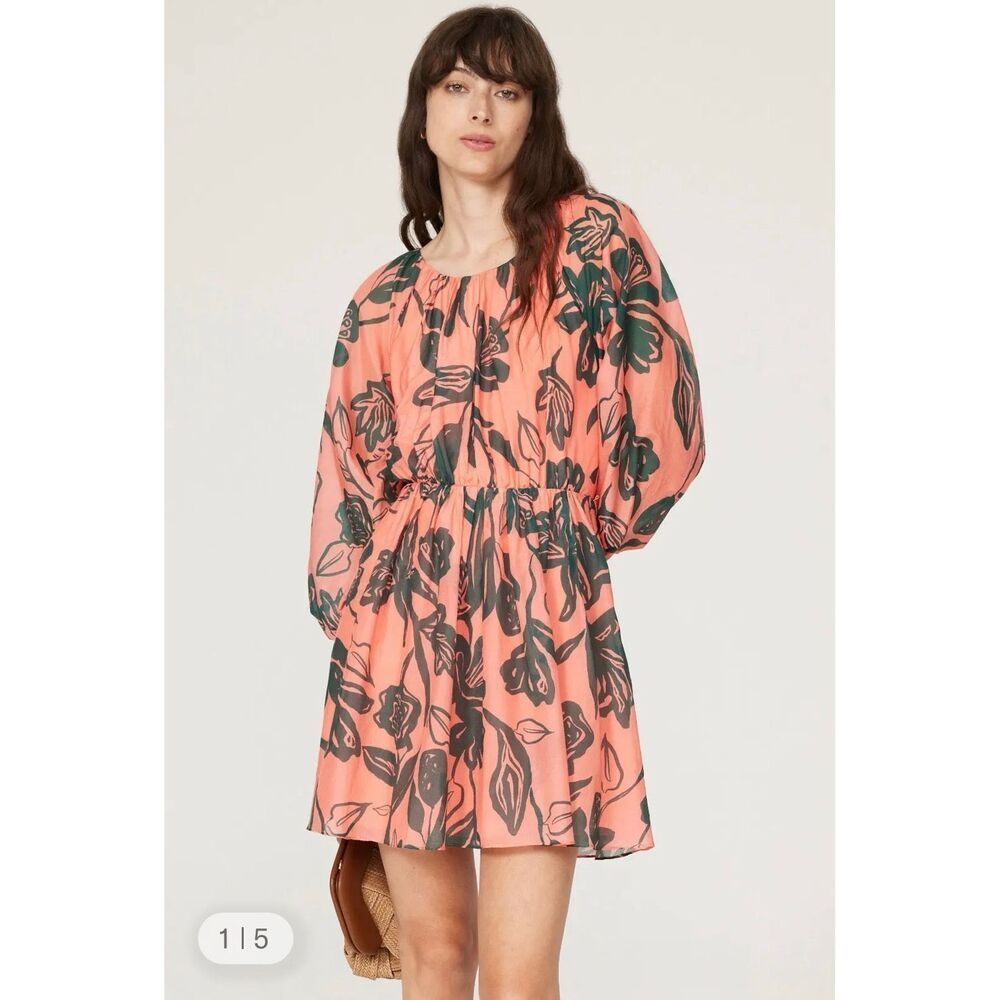 Tanya Taylor Shay Watermelon & Green Light Cotton Long Sleeve Dress sz M EUC
